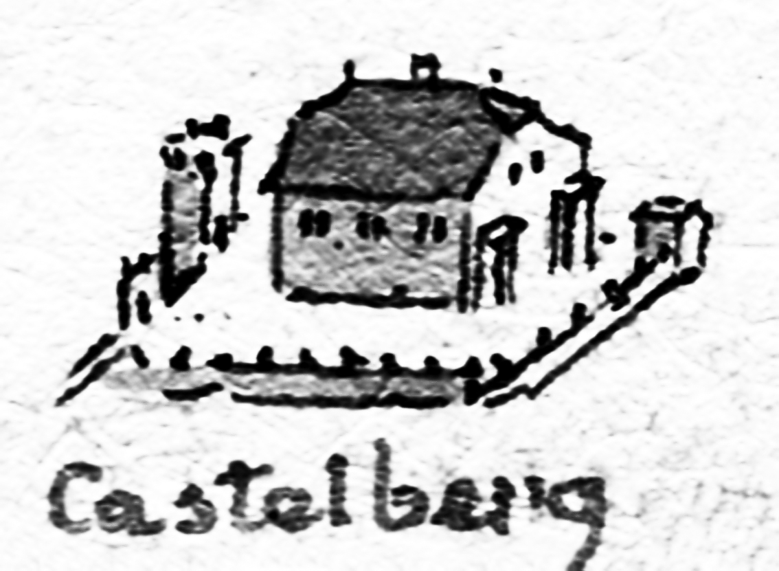 Abb. 1: Disentis/Mustér, Schloss Caschliun aquarellierte Federzeichnung von Heinrich Keller, Datierung 1810–1830, Ausschnitt, nach Norden (Rätisches Museum Chur, Inventar-Nr. H2003.50.71.24).