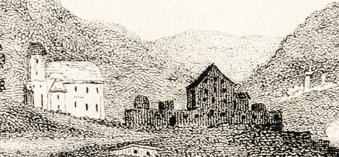 Abb. 2: Disentis/Mustér, Schloss Caschliun mit der Kirche St. Placi, Radierung, nach einer Zeichnung von Tombleson. Datierung: 1832, nach Osten, Ausschnitt (Rätisches Museum Chur, Inventar Nr. H1973.96).