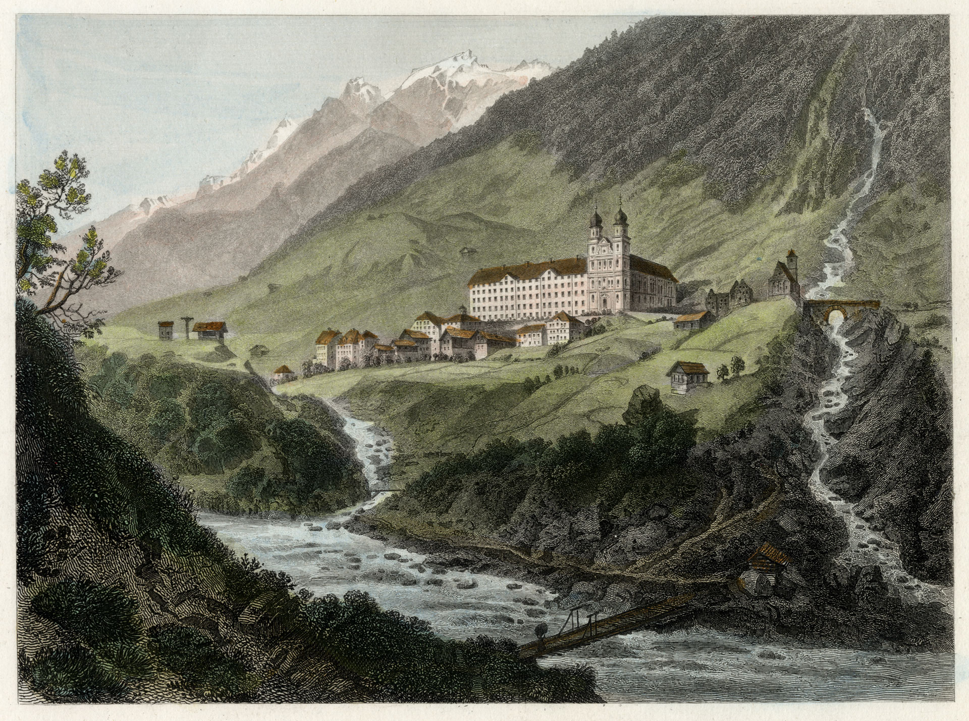 Abb. 3: Disentis/Mustér, Stahlstich von Ludwig Rohbock, Datierung 1861–1866, nach Norden. Die Ruine Caschliun nach dem Brand von 1830, rechter, mittlerer Bildrand (Rätisches Museum Chur Inventar-Nr. H1965.657).