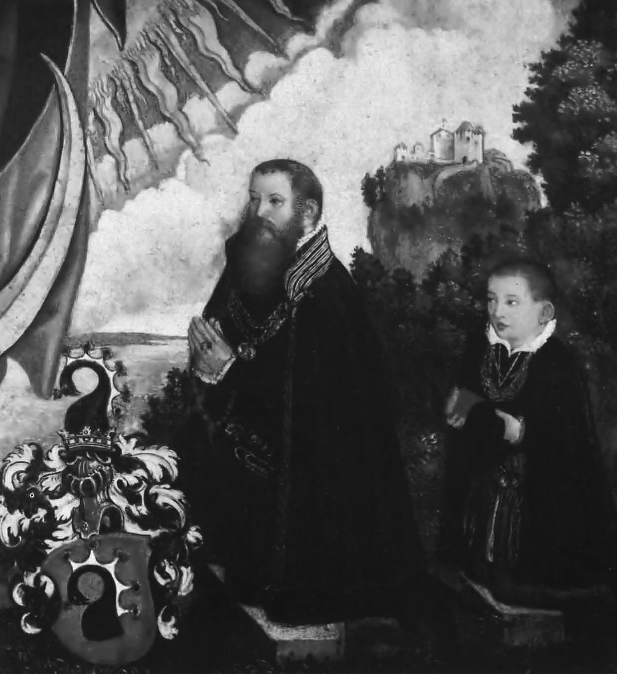 Abb. 5: Disentis/Mustér, Kloster St. Martin. Mittelbild des Castelberg Altars von 1572, Stifter Sebastian von Castelberg und sein Sohn (Poeschel 1959, Abb. XXX).