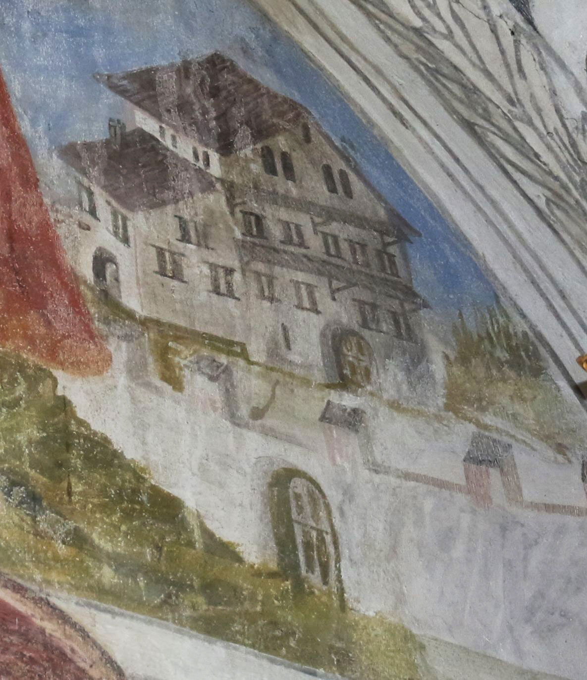 Abb. 6: Lumbrein, Kirche Sogn Andriu, Chor. Im Schild die Klosterkirche von Disentis (Yolanda Alther).