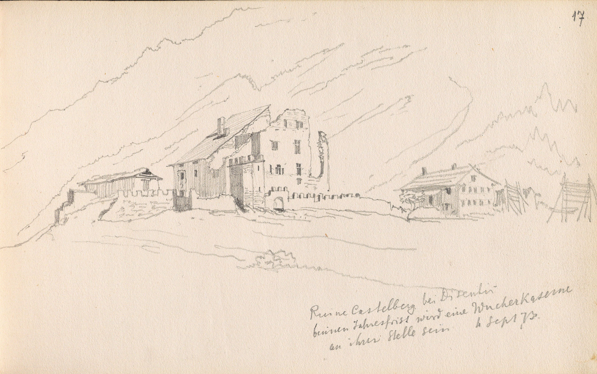 Abb. 8: Disentis/Mustér, Schloss Caschliun. Westansicht, Rudolf Rahn, 4. September 1873 (Skizzenbuch 430, S. 17, Zentralbibliothek Zürich).