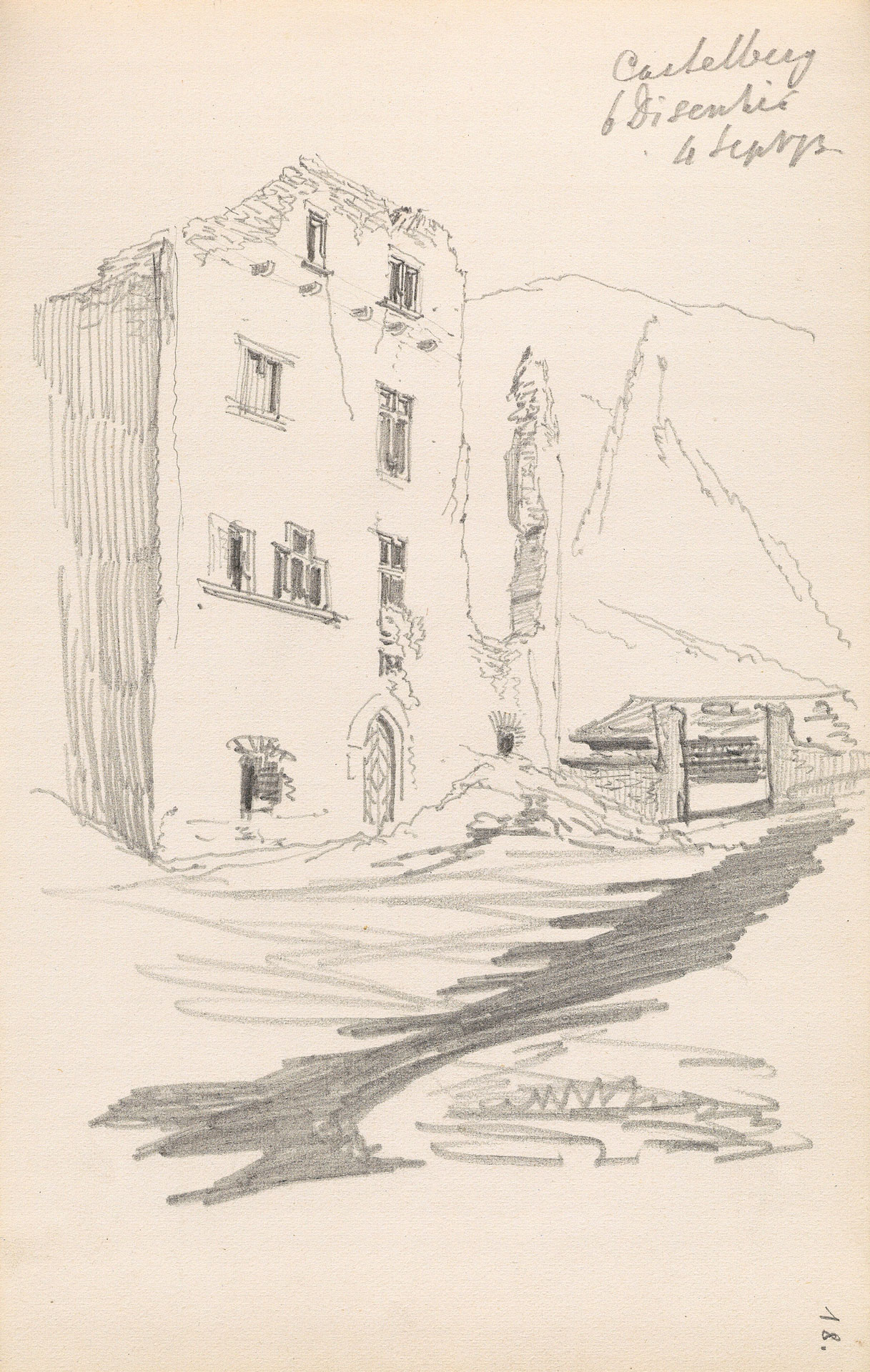 Abb. 9: Disentis/Mustér, Schloss Caschliun. Westansicht, Rudolf Rahn, 4. September 1873 (Skizzenbuch 430, S. 18, Zentralbibliothek Zürich).