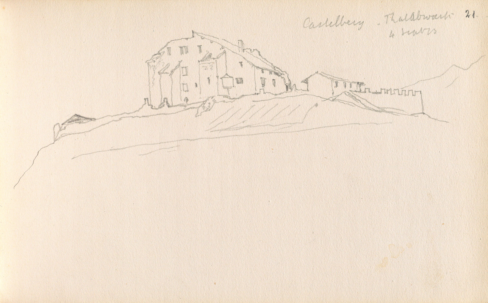 Abb. 10: Disentis/Mustér, Schloss Caschliun. Ostansicht, Rudolf Rahn, 4. September 1873 (Skizzenbuch 430, S. 21, Zentralbibliothek Zürich).