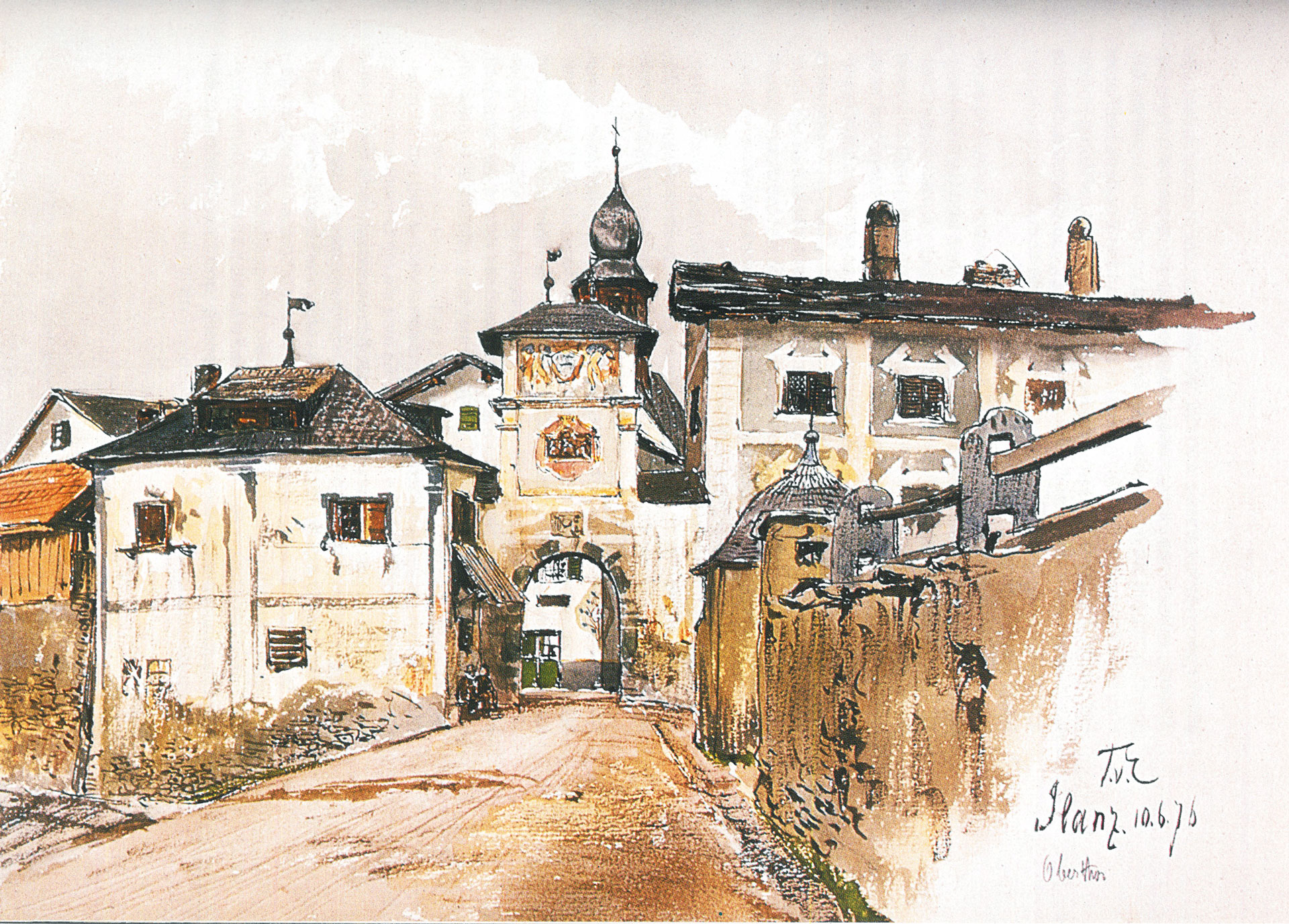 Abb. 1: Ilanz/Glion, hinter dem Obertor ist der Dachreiter des Hauses von Dekan Balthasar von Castelberg erkennbar. Aquarell von Themistocles von Eckenbrecher, 10. 06.1876 (Maissen/Schmid 1977, Abb. 11).