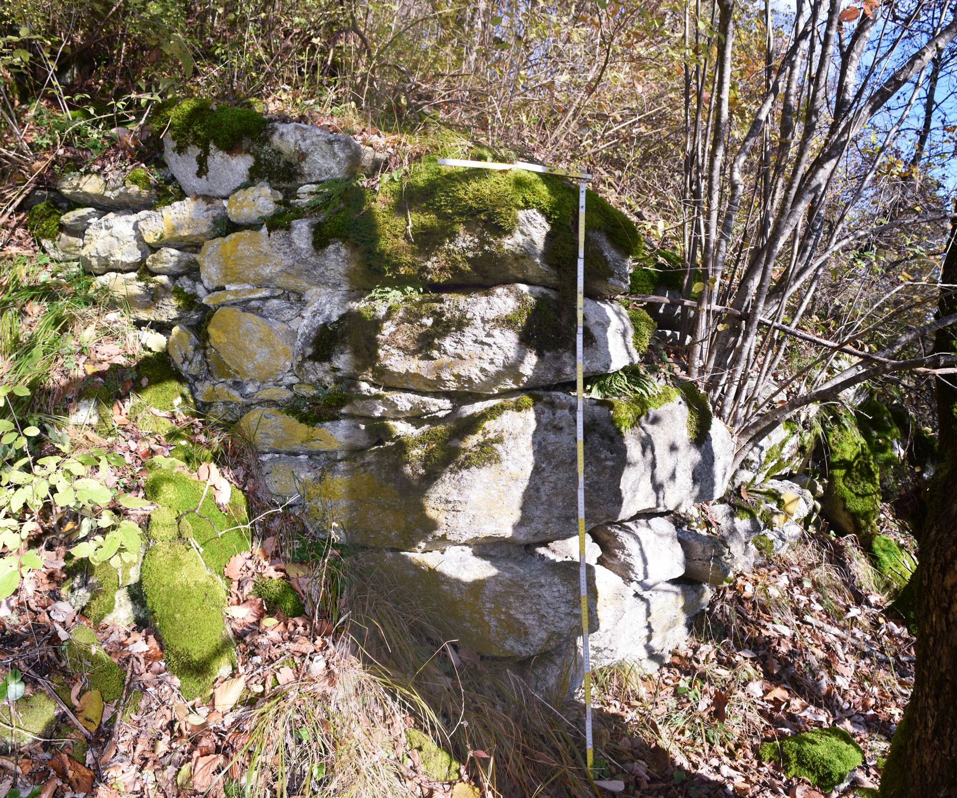 Abb. 2: Ruine Löwenstein, rund 1.60 m hoch erhaltene Mauerreste der Südwestecke des rechteckigen Mauergevierts, nach Osten (Rhomberg 2019/ADG).