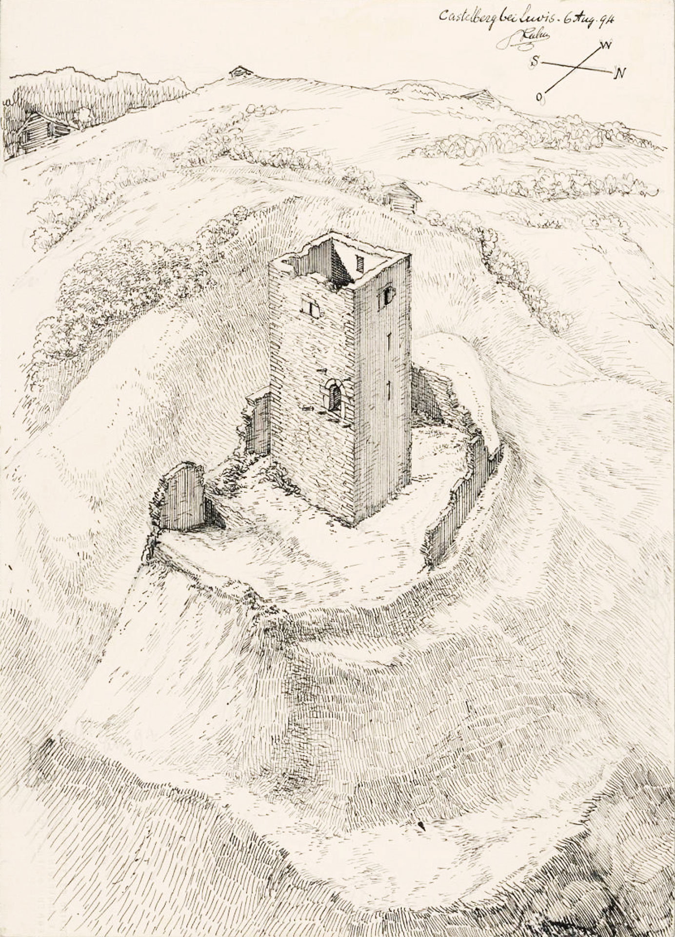Abb. 2: Die Burguine Castelberg, gezeichnet von Johann Jakob Rahn 1894. Foto: Zentralbibliothek Zürich, DOK-ID: 10.7891/e-manuscripta-31722.