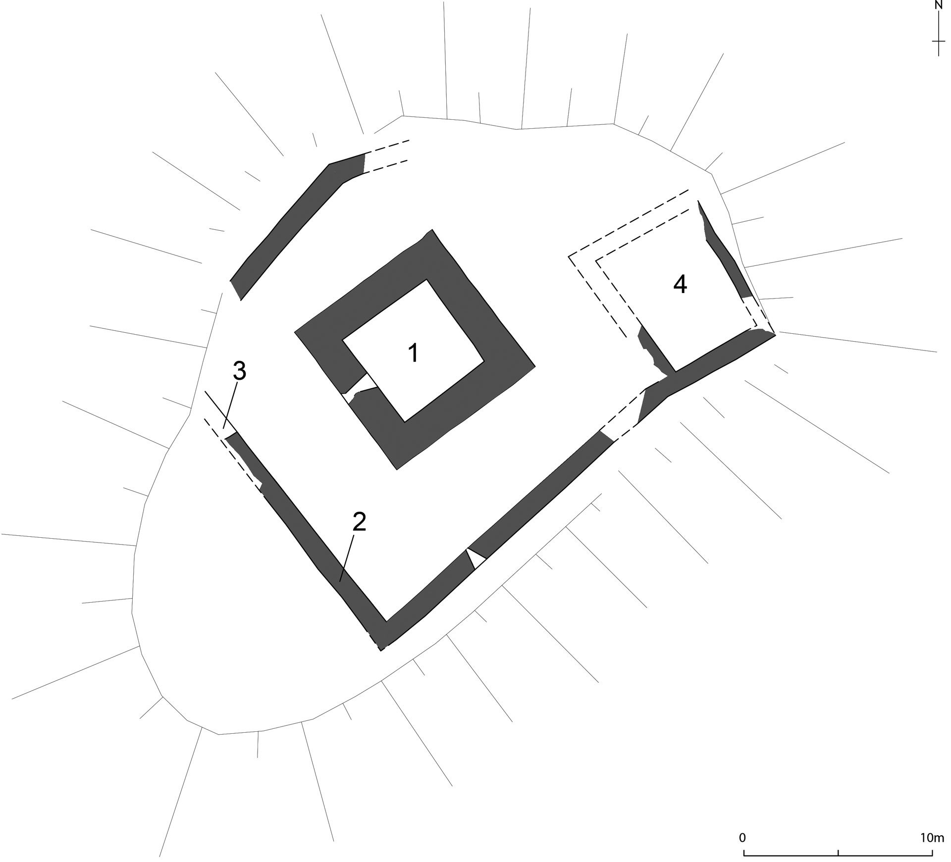 Abb. 4: Grundrissplan der Burganlage Castelberg. Im Zentrum der Hügelkuppe steht der Turm (1), eingefasst von der teilweise erhaltenen Umfassungsmauer (2) und dem vermuteten Burgtor (3); im Osten die Reste eines Nebengebäudes (4), (nach ADG).