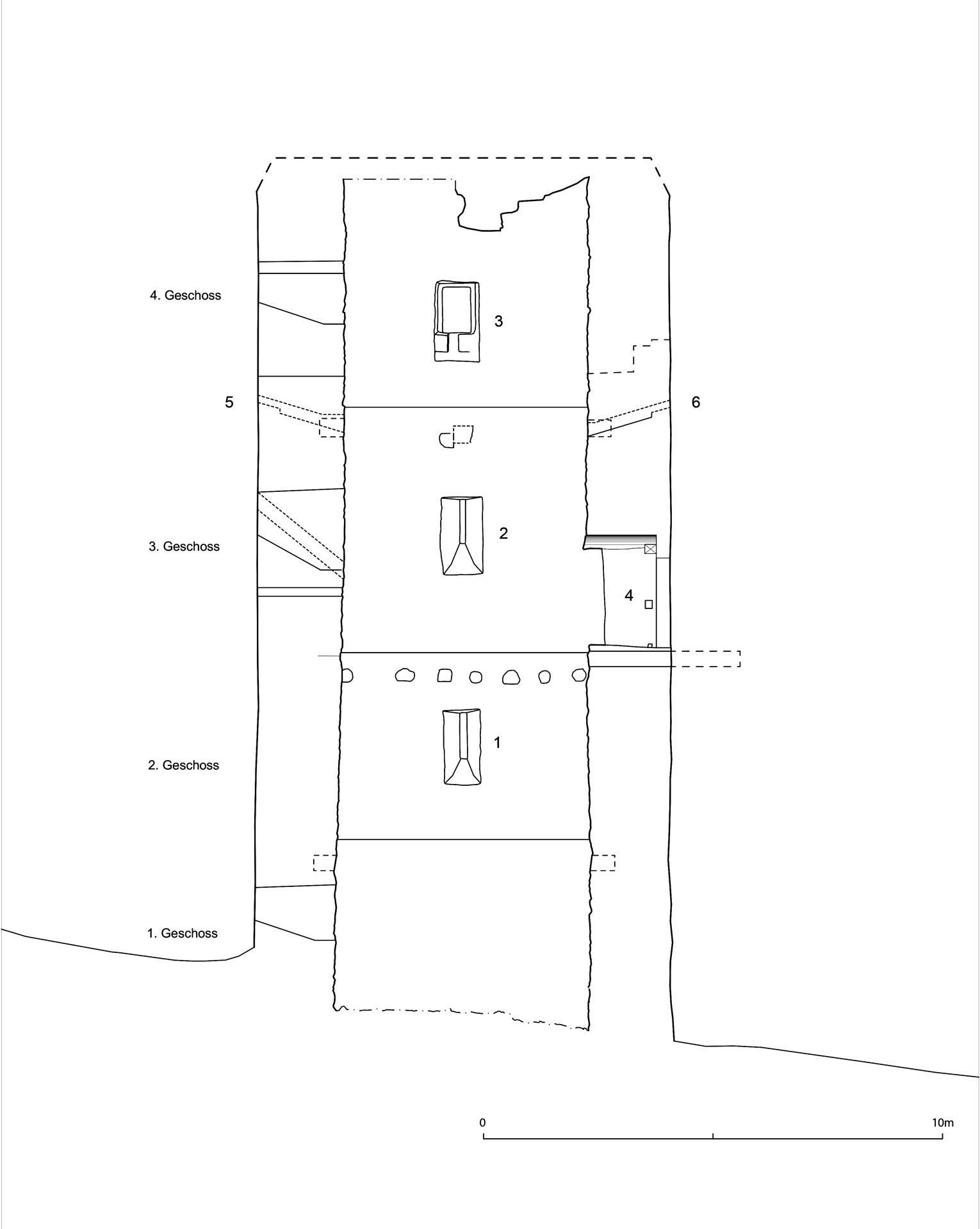Abb. 8: Wandansicht der Nordmauer mit den Schartenfenstern im zweiten und dritten Geschoss (1,2) sowie der Sitznische im vierten Geschoss (3), dem Hocheingang (4) sowie den Entlüftungskanälen (5, 6), (nach ADG).