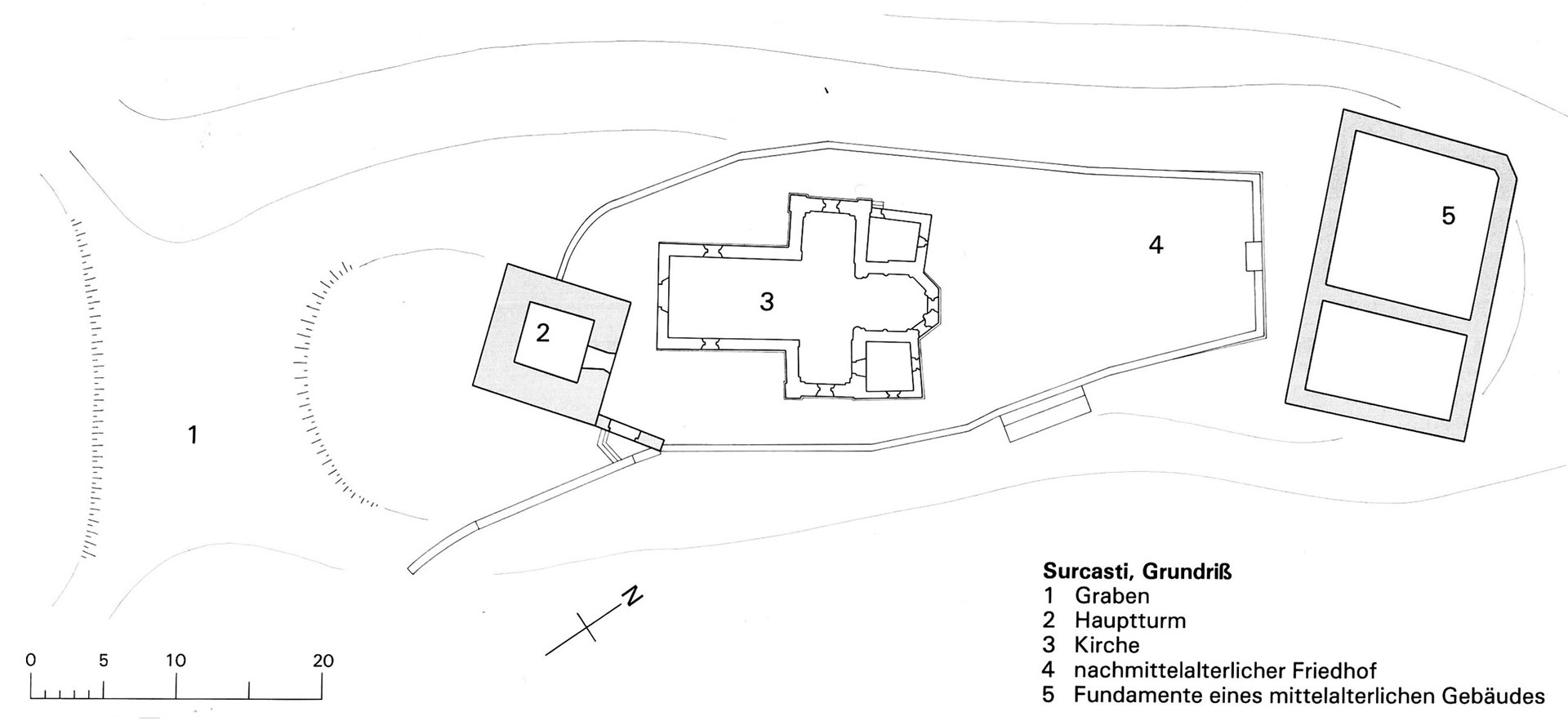Abb. 4: Burganlage Surcasti, Grundriss. (Meyer/Clavadetscher 1983, S. 98)